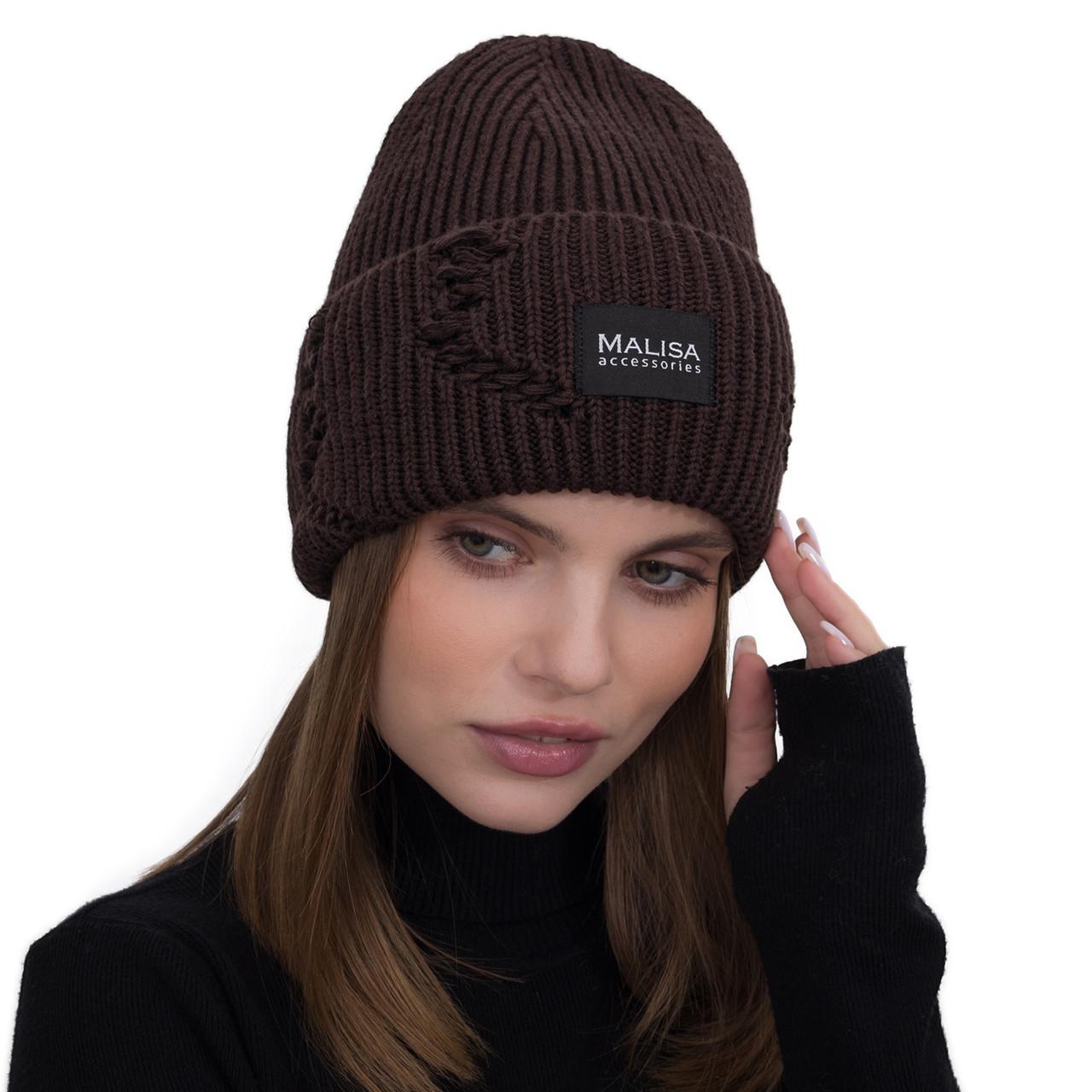 Шапка жіноча Malisa БРУНО без підкладки рвана з емблемою на відвороті one size Шоколадний (262093) - фото 1