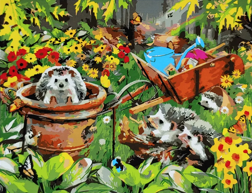 Картина по номерам Strateg Премиум Ежики в саду с лаком и уровнем 40x50 см (SY6713)