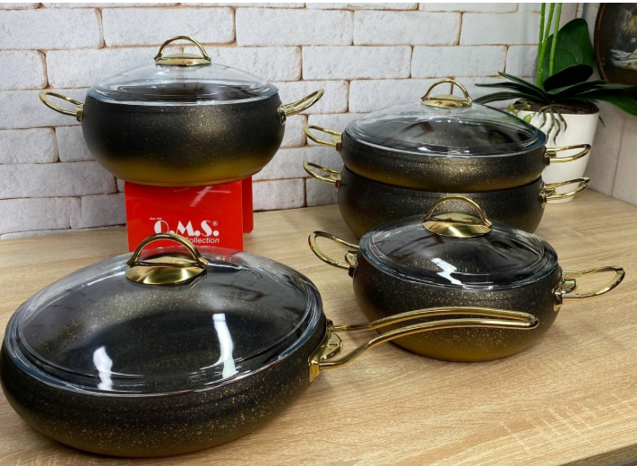 Набір посуду OMS з сотейником та сковорідкою з антипригарним покриттям для індукціі 9 пр. Чорно-золотий (3024-ind-gold) - фото 7 Набір посуду OMS з сотейником та сковорідкою з антипригарним покриттям для індукціі 9 пр. Чорно-золотий (3024-ind-gold) - фото 7