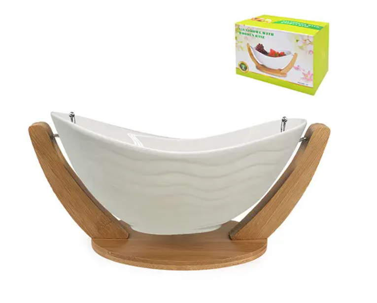 Фруктовница фарфоровая Stenson 245538 15" на бамбуковой подставке 38х20,5х18 см White classic (NA005221)