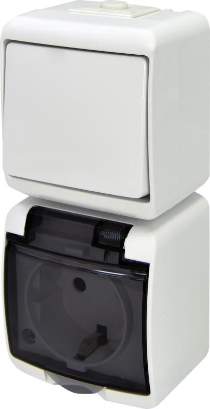Розетка зовнішня ETI VRHP-1sd із заземленням/1-клавішним вимикачем вертикальна з прозорою кришкою IP54 Білий (4668026)