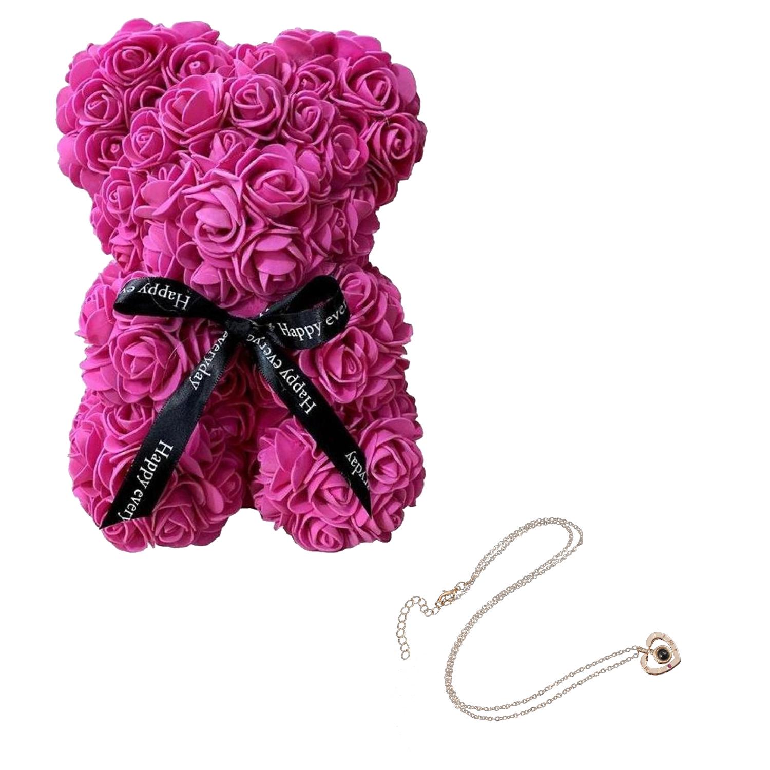 Ведмедик з червоних троянд 3D Teddy Flower 25 см + кулон I Love You