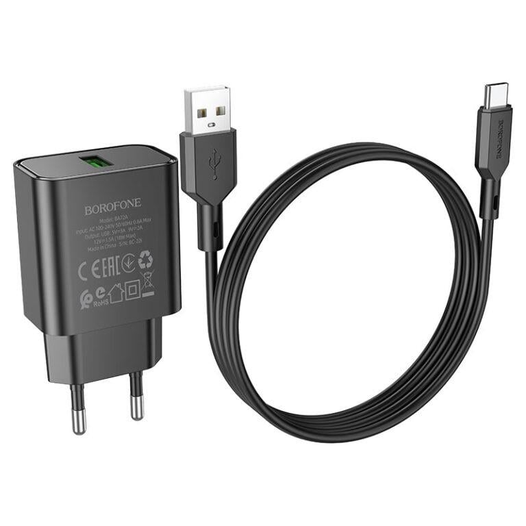 Зарядний пристрій мережевий Borofone BA72A Spring QC3,0 USB to Type-C Black (00000064403_2)