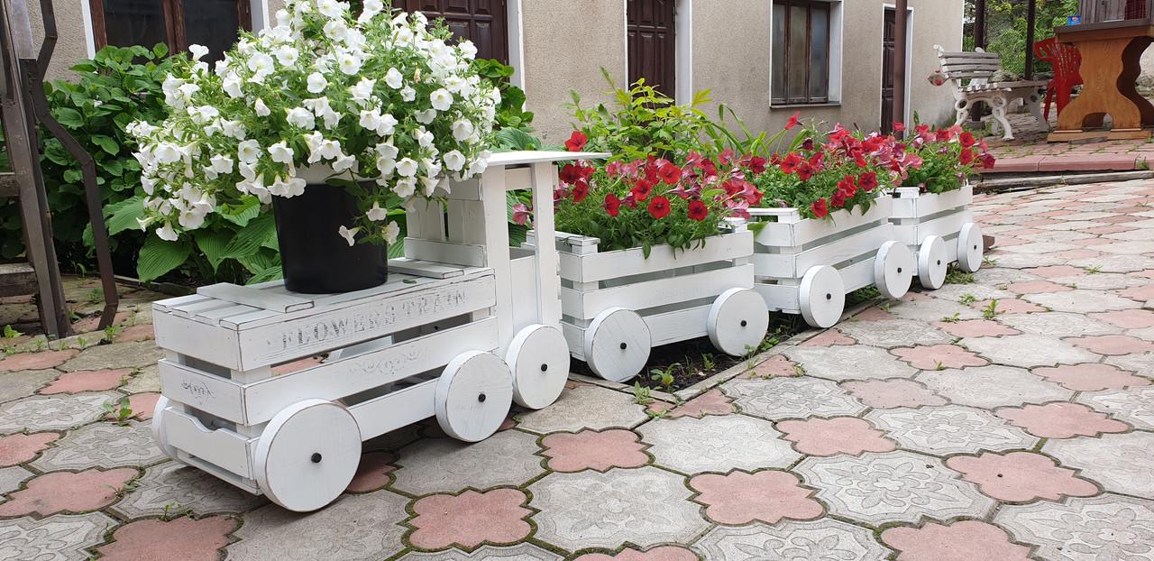 Паровоз декоративный Древоделя Flowers train 49х260х34 см Белая патина (030501)