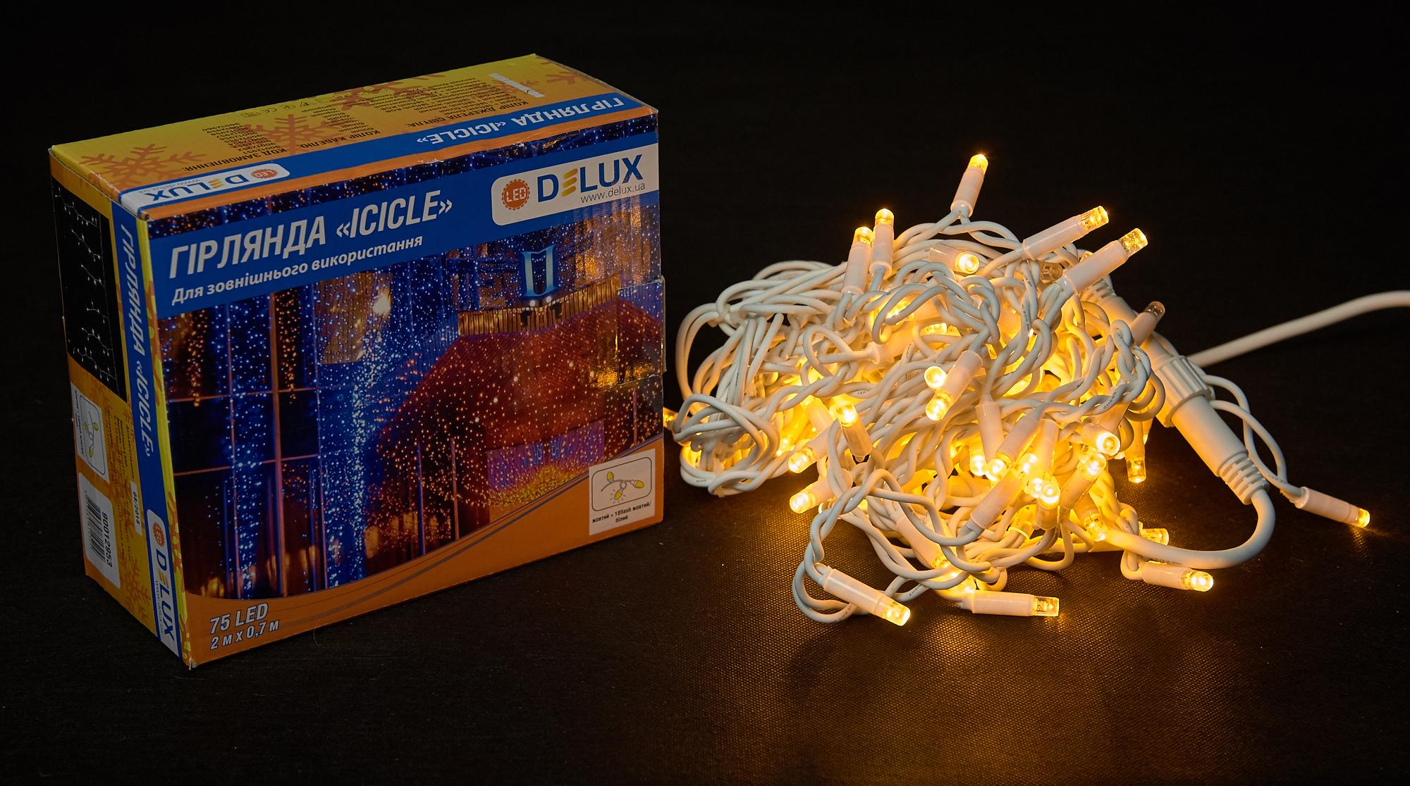 Гирлянда наружная Delux Icicle 75 LED бахрома 2x0,7 м 18 flash IP44 EN Желтый/Белый (90012953) Гирлянда наружная Delux Icicle 75 LED бахрома 2x0,7 м 18 flash IP44 EN Желтый/Белый (90012953)
