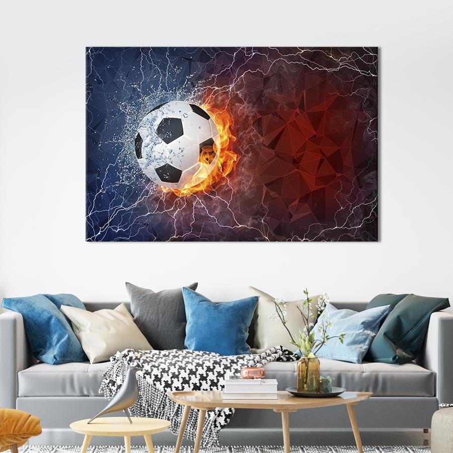Настенный декор картина на холсте для интерьера Огненный футбольный мяч 51x34 см (480-1)