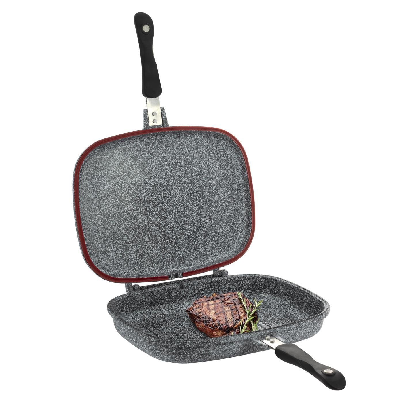 Сковорода-гриль двойная квадратная Ofenbach KM-100516 из литого алюминия с антипригарным покрытием 24х32х7 см Серый мрамор (150-84-100516)