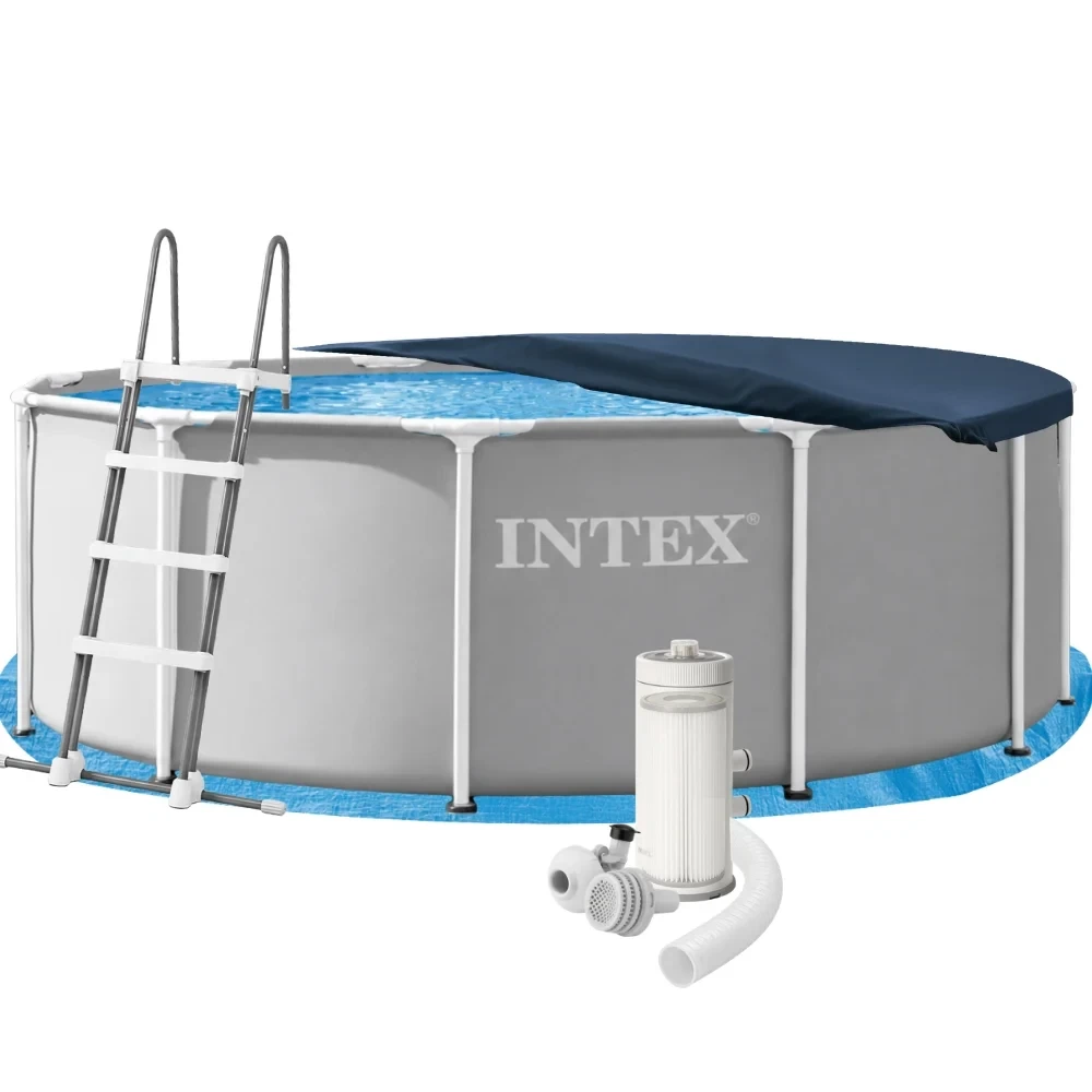 Бассейн каркасный круглый глубокий Intex 26718 5в1 набор с фильтром подстилкой лестницы и тентом 366х122 см Синий (147-9-26718-5)
