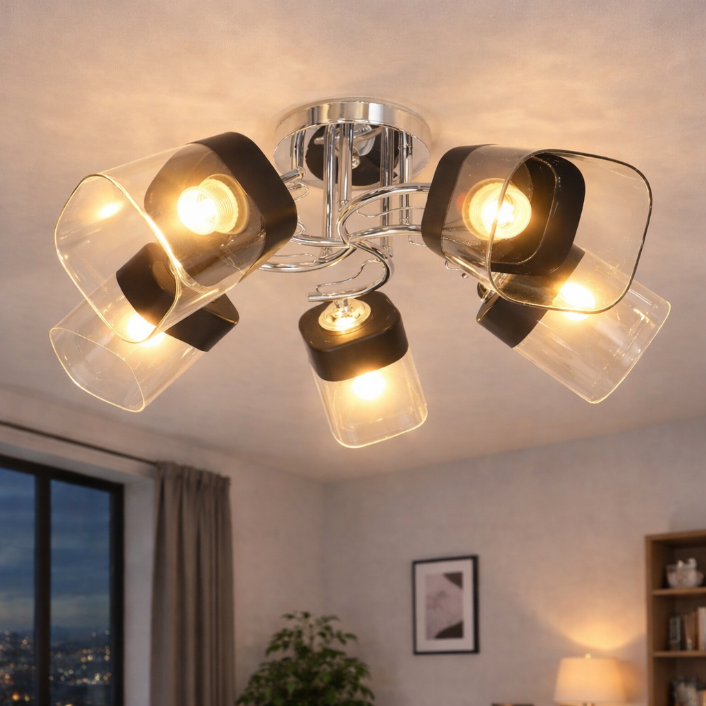 Люстра Valeso с пятью стеклянными плафонами под лампу Е27 Черный/Хром (Ю 9948C/5 CR)