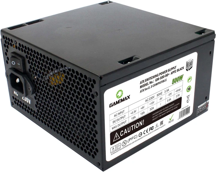Блок питания 500 Вт, GameMax GM-500 80+ APFC, черный, 12 см, 3xSATA / 1x6+2pin / 1x4+4-pin / 1x20+4-pin, ATX, защита