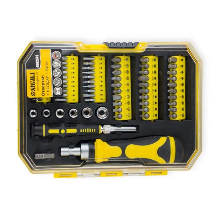 Отвертка с битами и головками Sigma 1/4" 69 шт. CrV трещотковая/часовая биты (2684183302)