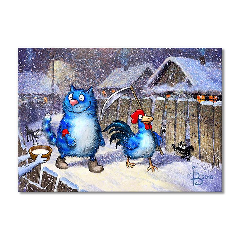 Модульная картина Кот и Петух дежурят в Новогоднюю ночь 1 модуль 40х60 см