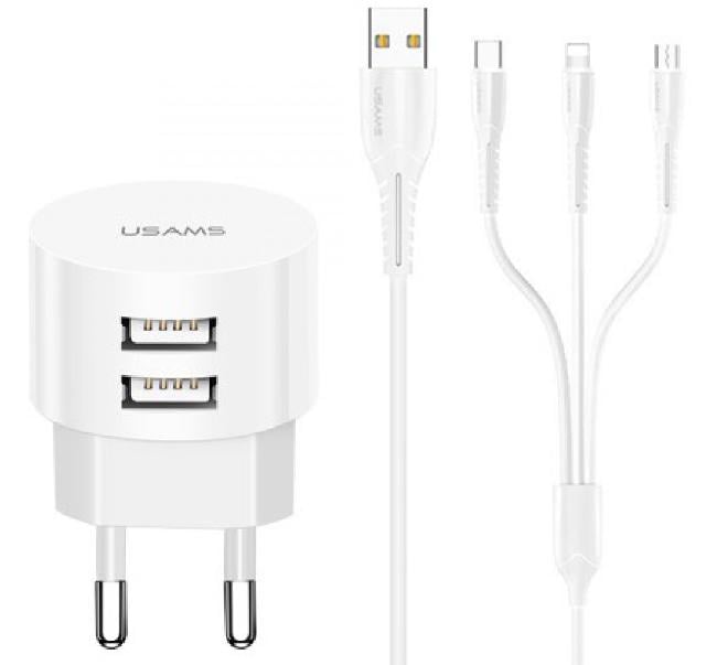 Адаптер мережевий Usams Travel Charging Kit Sing-Tu T20 Dual USB Round Travel U35 3в1 2xUSB 2,1A