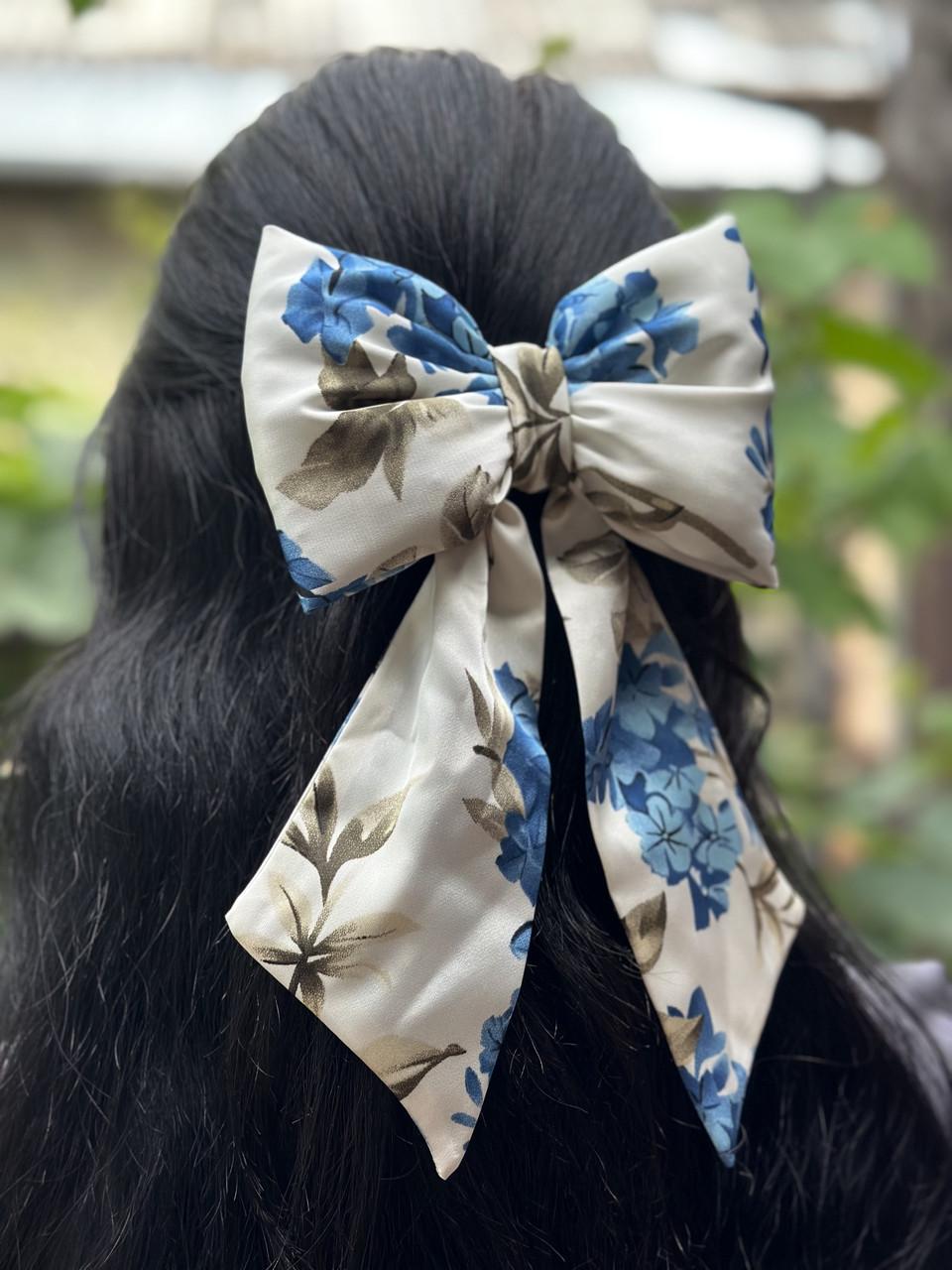 Заколка-бант для волос Цветочный принт из шелка Белый/Синий (27860209)