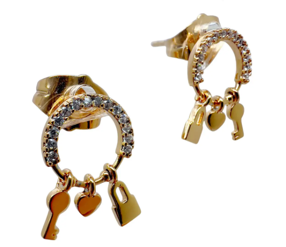 Серьги гвоздики Замочек с ключами медицинская сталь Золотистый (KG-9134)