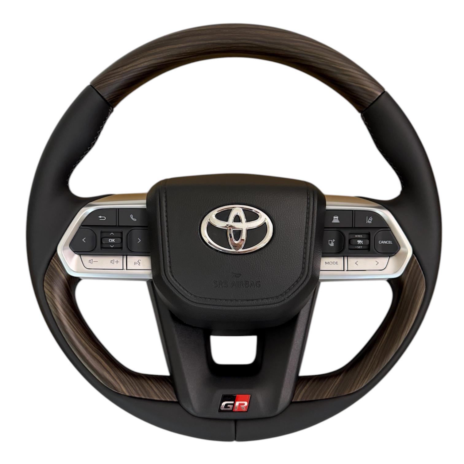 Руль для Toyota Land Cruiser 200/Prado 150 в стиле LC300 GR кнопки и логотип хром Коричневое дерево (33665802)