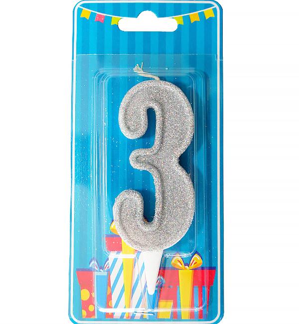 Свічки цифри в торт 3 Польща Срібний з блискітками - фото 1