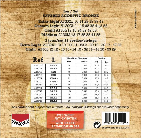 Струны для 12-струнной акустической гитары Savarez 80/20 Bronze A230L 12-53 (128145) - фото 2