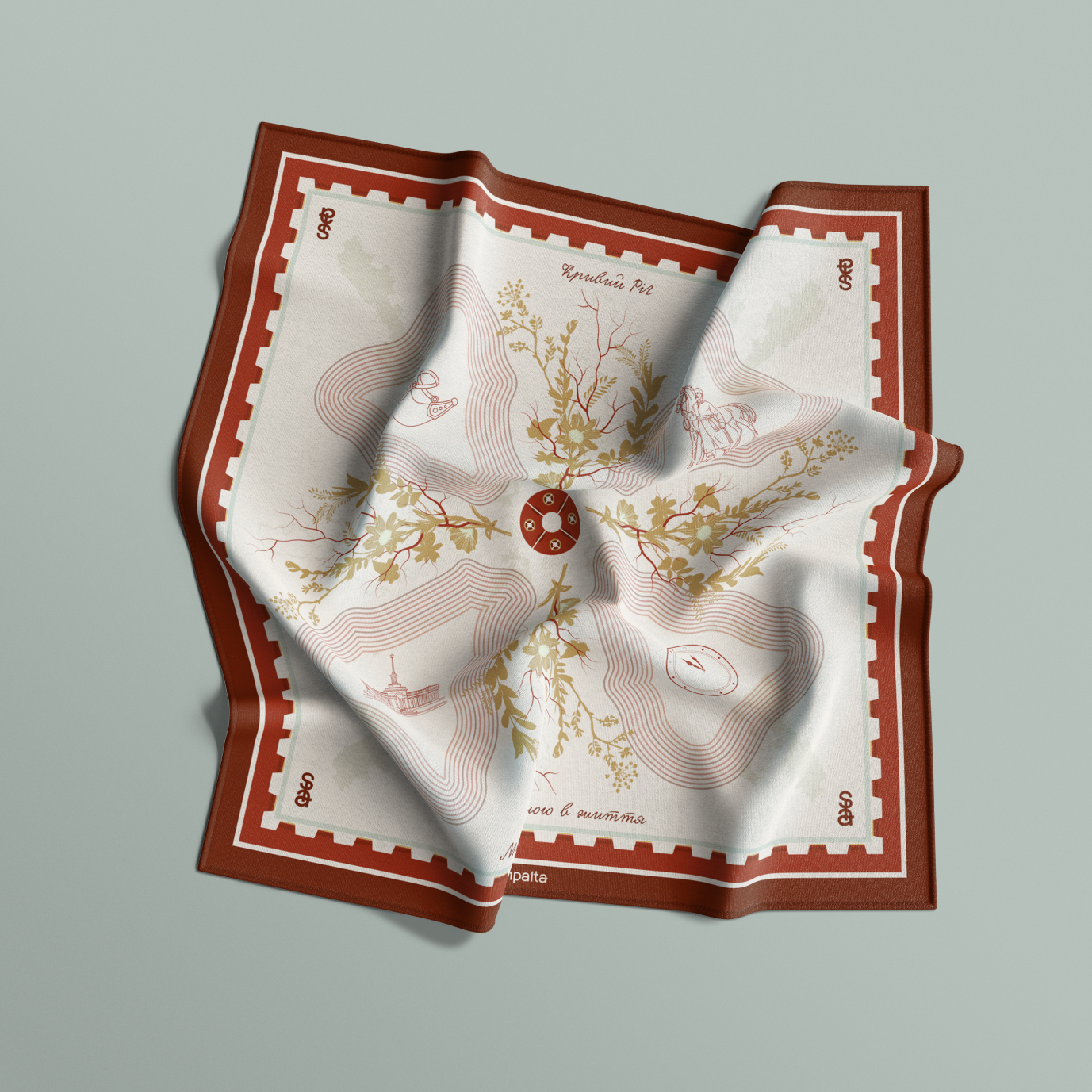 Платок Кривой рог шелковый 55х55 см Красно-бежевый - фото 7 Платок Кривой рог шелковый 55х55 см Красно-бежевый - фото 7