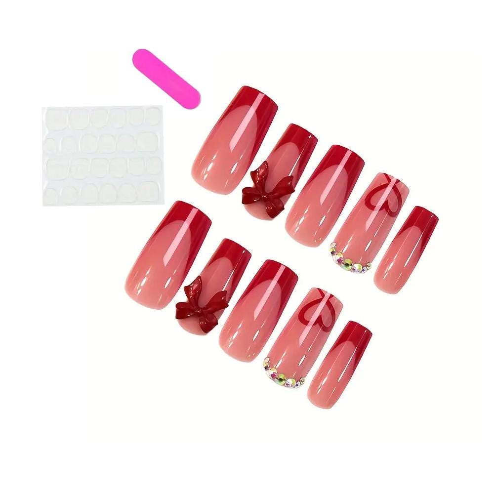 Ногти накладные Цветной френч с объемным бантом и стразами квадрат средней длины с клеевыми стиками 24 шт. Красный (3000003740)