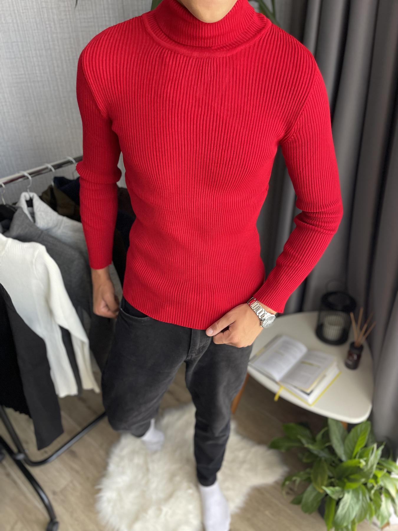 Гольф мужской с высокой горловиной в рубчик M Красный (26535/5/1) - фото 7