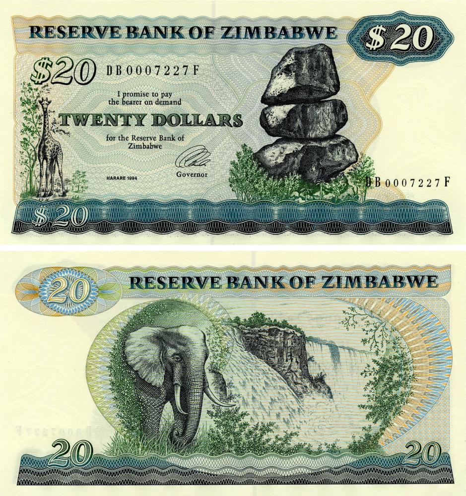 Коллекционная банкнота Зимбабве 20 долларов 1994 UNC Слон P4d (Б18080) Коллекционная банкнота Зимбабве 20 долларов 1994 UNC Слон P4d (Б18080)