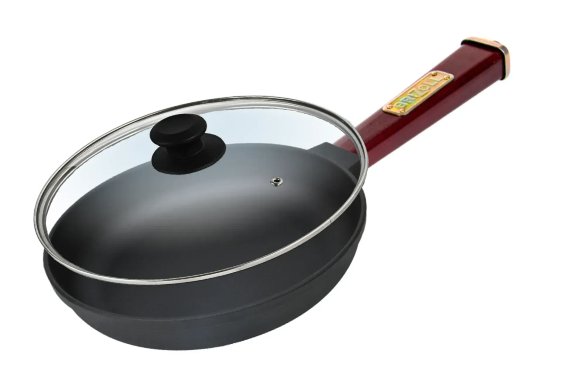 Сковорода чугунная Optima Brizoll со стеклянной крышкой и деревянной ручкой Bordo 220x40 мм