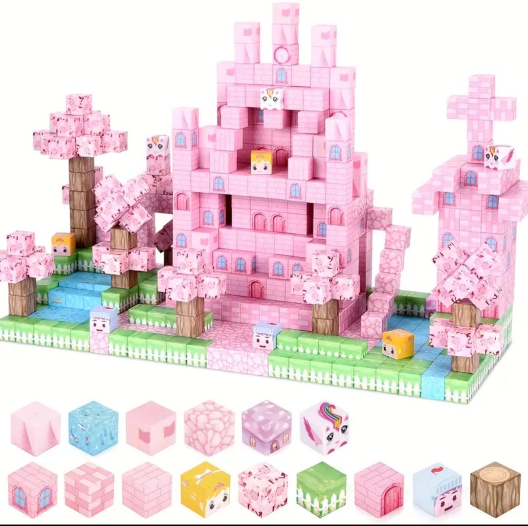 Конструктор магнітний Майнкрафт Рожевий замок з озерцем та рибками 108 кубиків - фото 5 Конструктор магнітний Майнкрафт Рожевий замок з озерцем та рибками 108 кубиків - фото 5