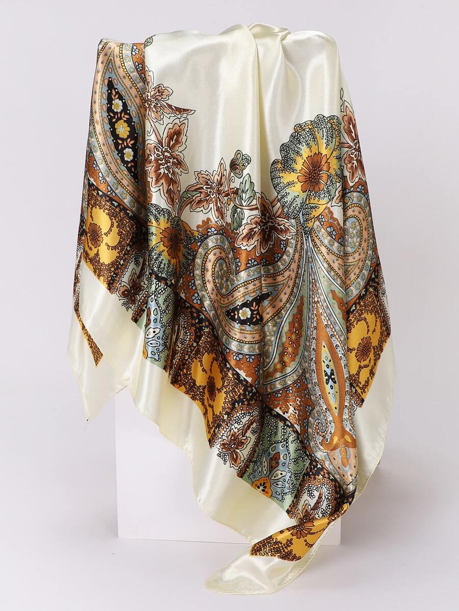 Платок шелковый Mosi с орнаментом пейсли 90х90 см Молочный - фото 1 Платок шелковый Mosi с орнаментом пейсли 90х90 см Молочный - фото 1