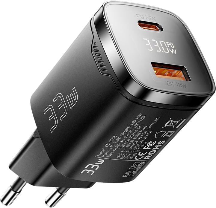 Зарядное устройство ESSAGER ES-CD45 33W GaN PD3.0 QC4.0 LED Power Display порты USB/Type-C Black (43563)