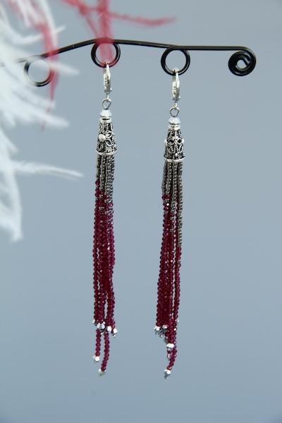 Сережки-китиці з червоним камінням Гранатик ручна робота (ER-0059)