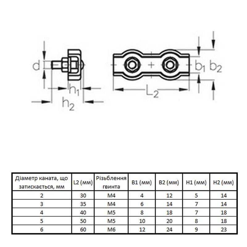 Затискач подвійний ø 6 мм M6 60x23 мм для троса цинк 25 шт. Білий (3S20000005S0600020) - фото 2 Затискач подвійний ø 6 мм M6 60x23 мм для троса цинк 25 шт. Білий (3S20000005S0600020) - фото 2