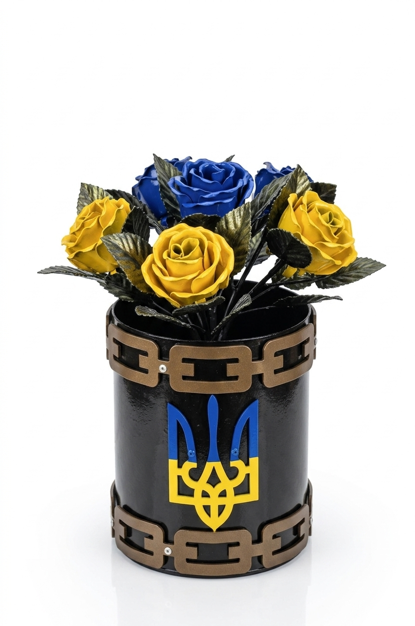 Кованые розы в вазе-тубусе Герб 6 шт. 45 см Желто-голубой (ВТ05)