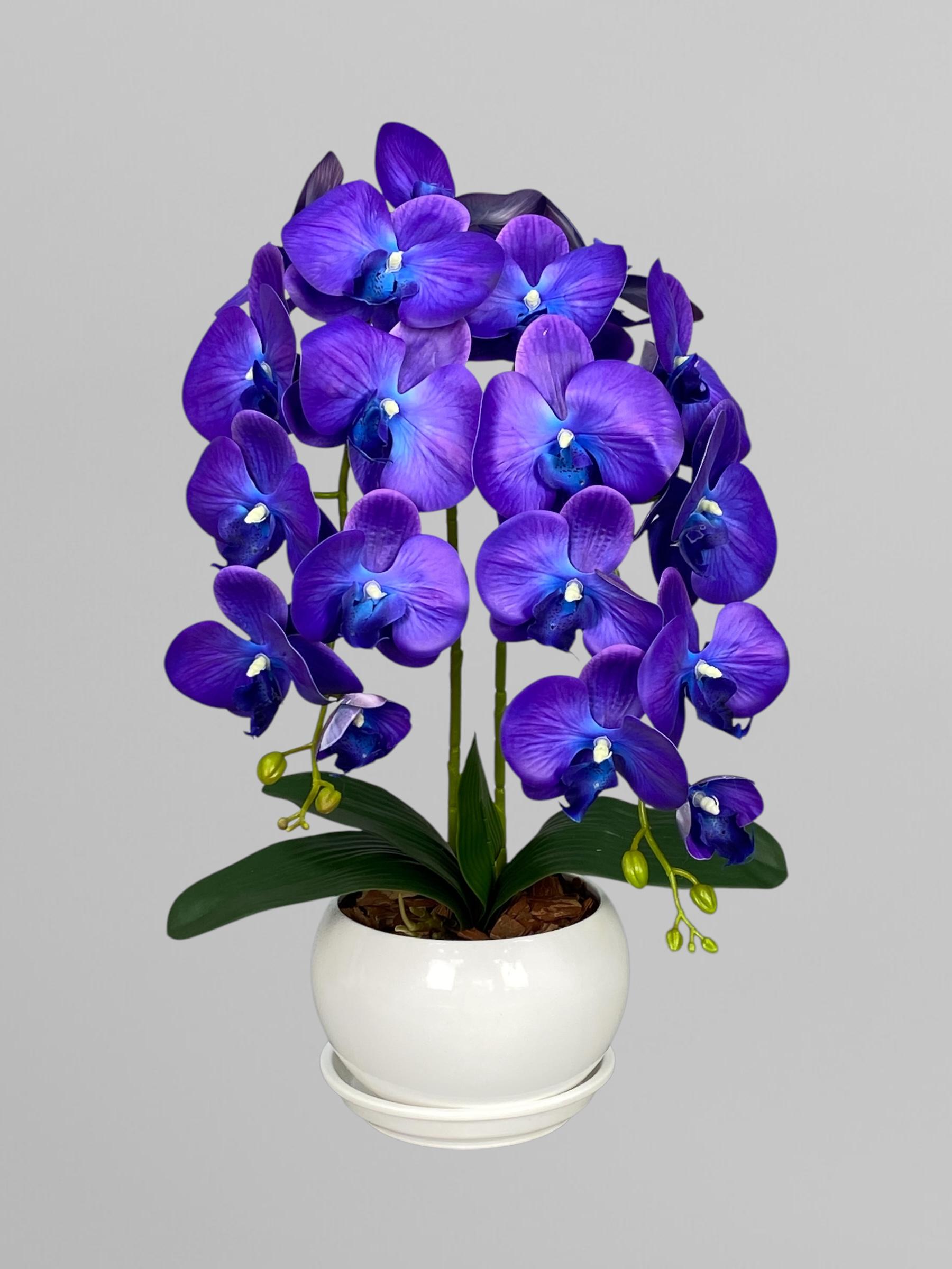Композиция из искусственных орхидей из латекса 2 веточки в белом керамическом кашпо шар 55 см Фиолетово-синий (А165)