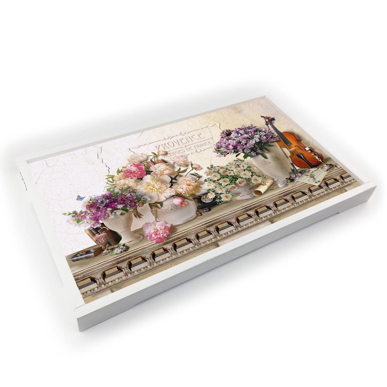 Поднос-столик деревянный на ножках Букет пион и скрипка 33х53 см (прпс0506б)