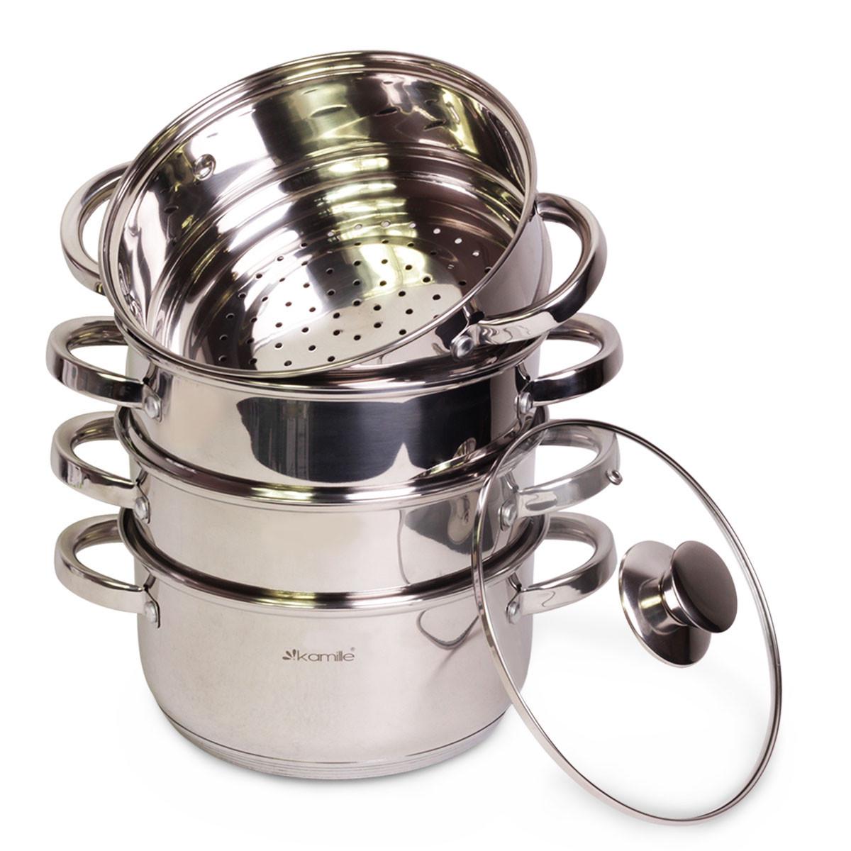 Пароварка из нержавеющей стали Kamille Vizo 3-х уровневая для индукции и газа Ø 24 см (КМ 5818)
