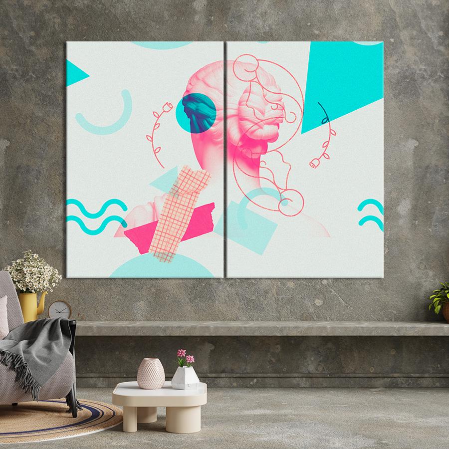 Картина Коллаж с греческой статуей в розовых и голубых цветах 165x122 см (2037-2)