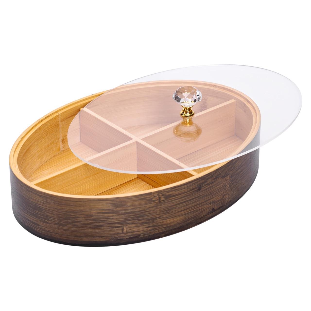 Менажниця дерев'яна на 4 секції зі скляною кришкою для закусок овальна (HB-40-8) - фото 3