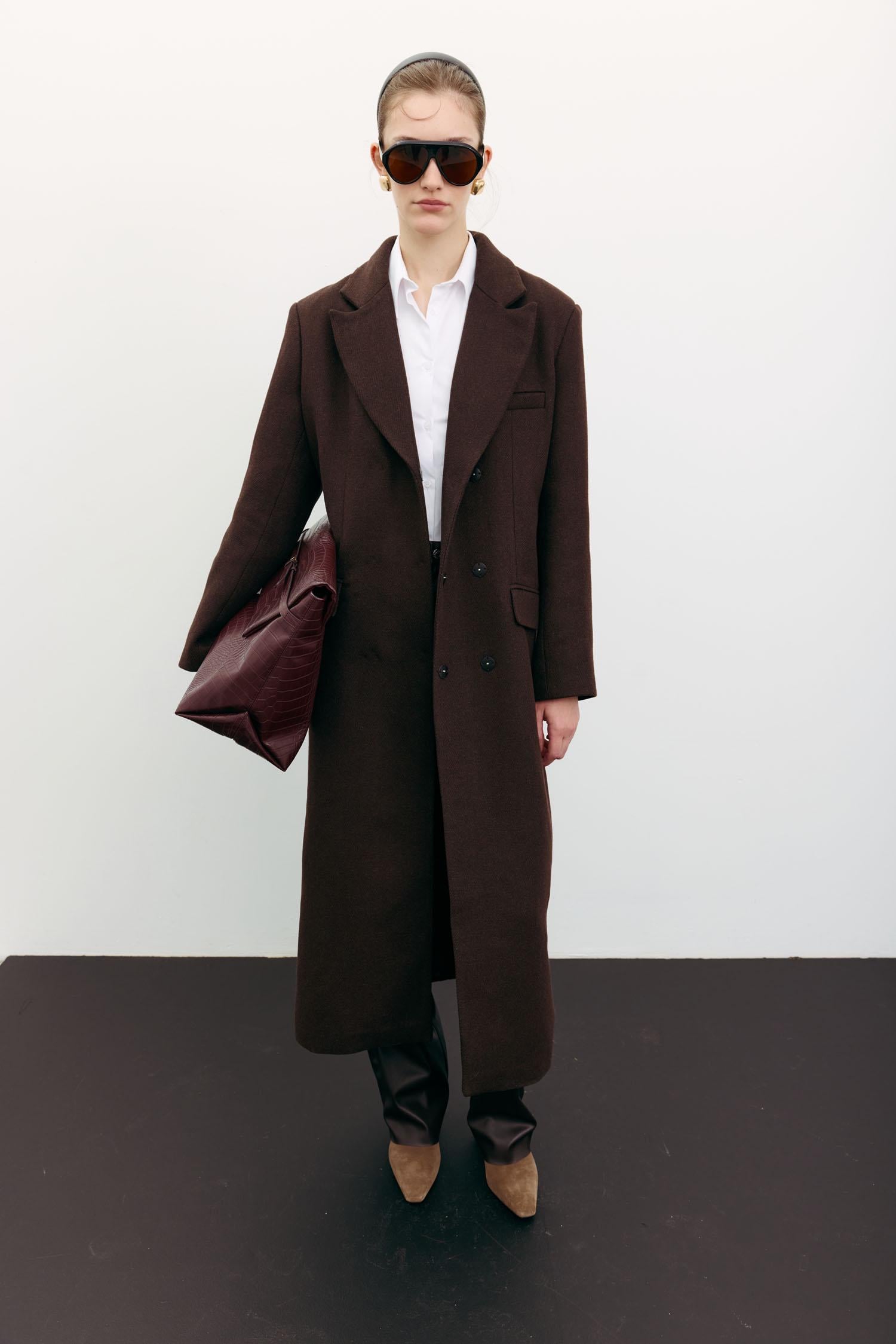 Пальто вовняне максі прямого крою жіноче THE LACE шоколадне XS-S