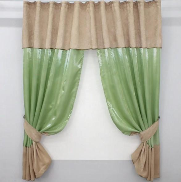 Занавеска на кухню с ламбрекеном 270х170 см Светло-оливковый/Песочный (073к)