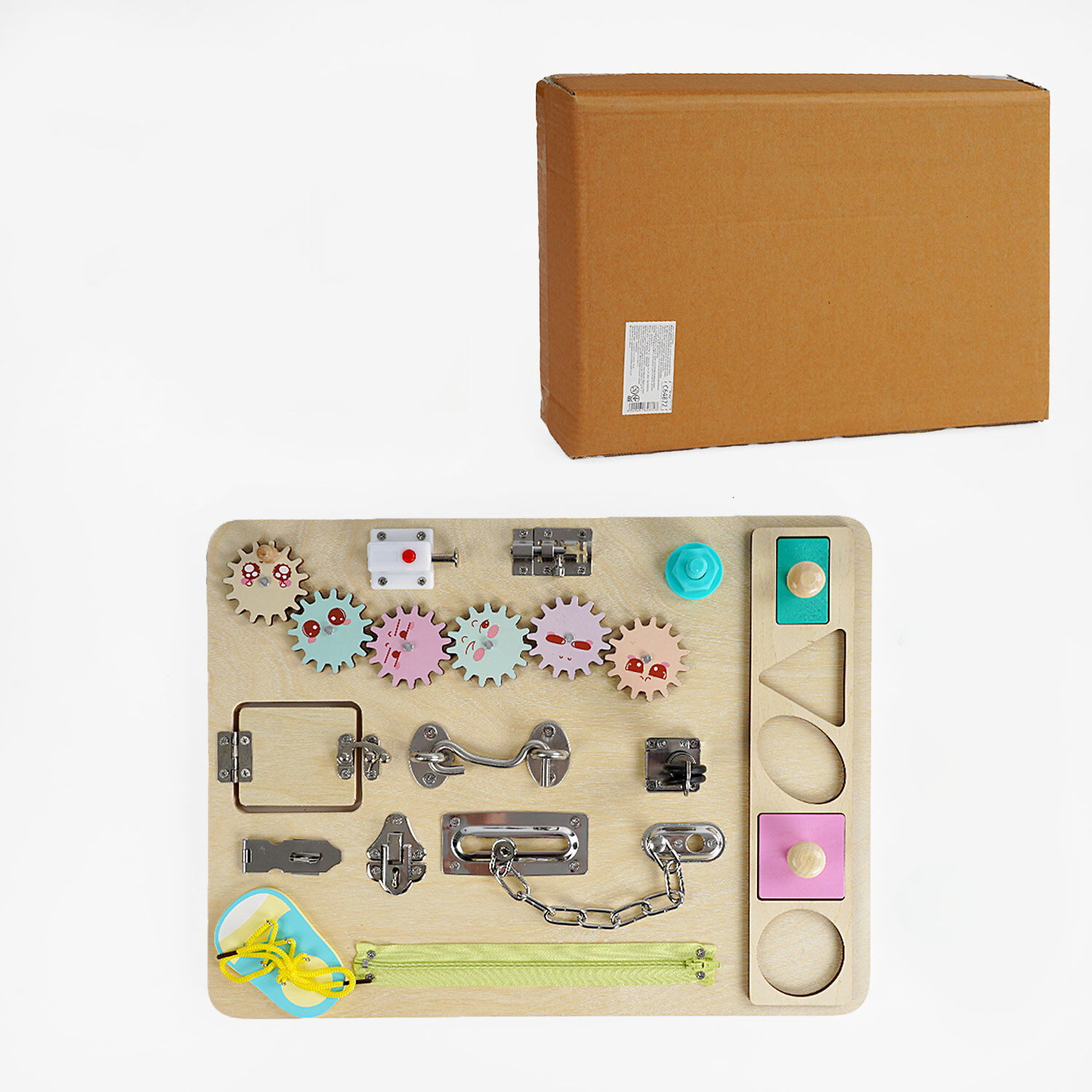 Бизиборд для малышей деревянный C 64872/8 крючок/шнурки/молния/замочки/подвижные шестерни/геометрический сортер (25807441)