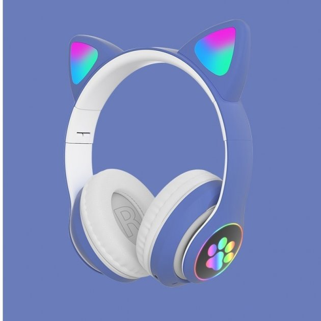 Наушники Кошачьи ушки беспроводные с подсветкой RGB и MP3 плеером Bluetooth/FM/Карта 32 Gb Blue - фото 3