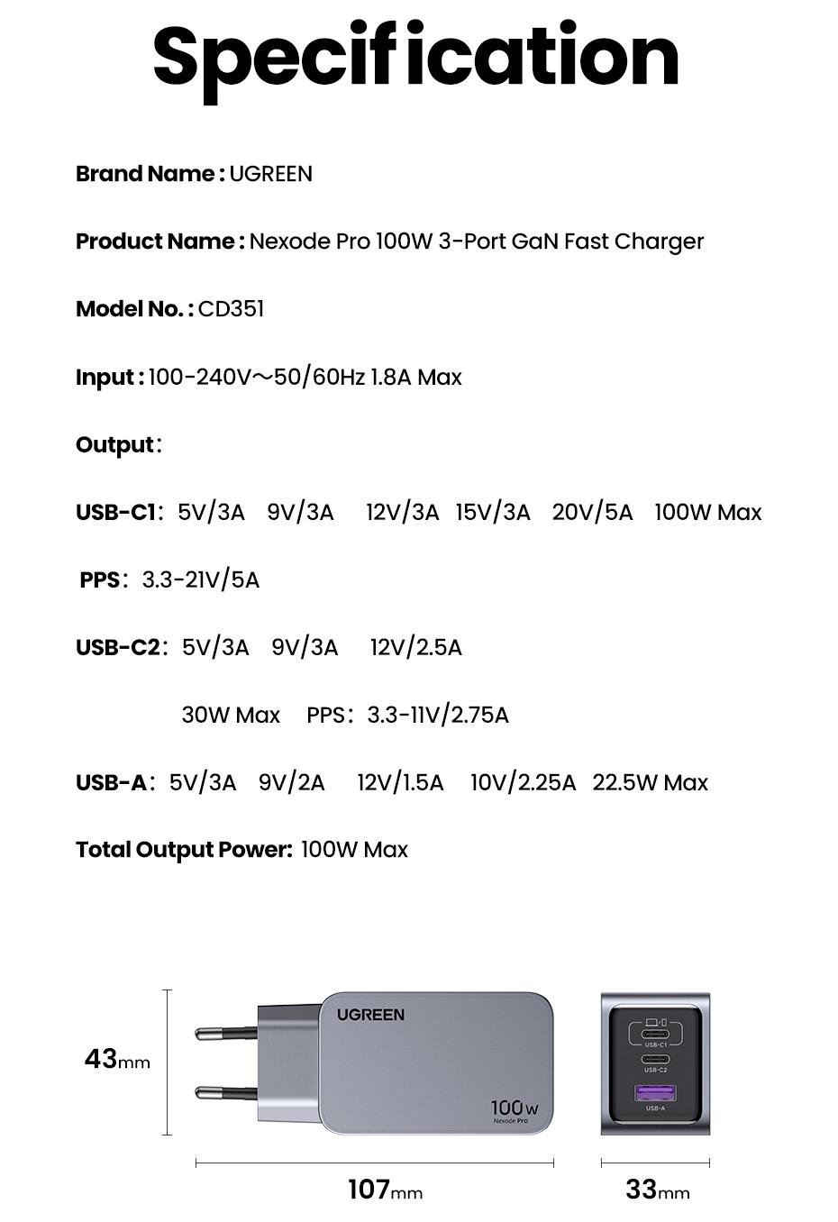 Зарядное устройство сетевое UGREEN 100W GaN Fast Charger 2xType-C+USB-A (28842423) - фото 9