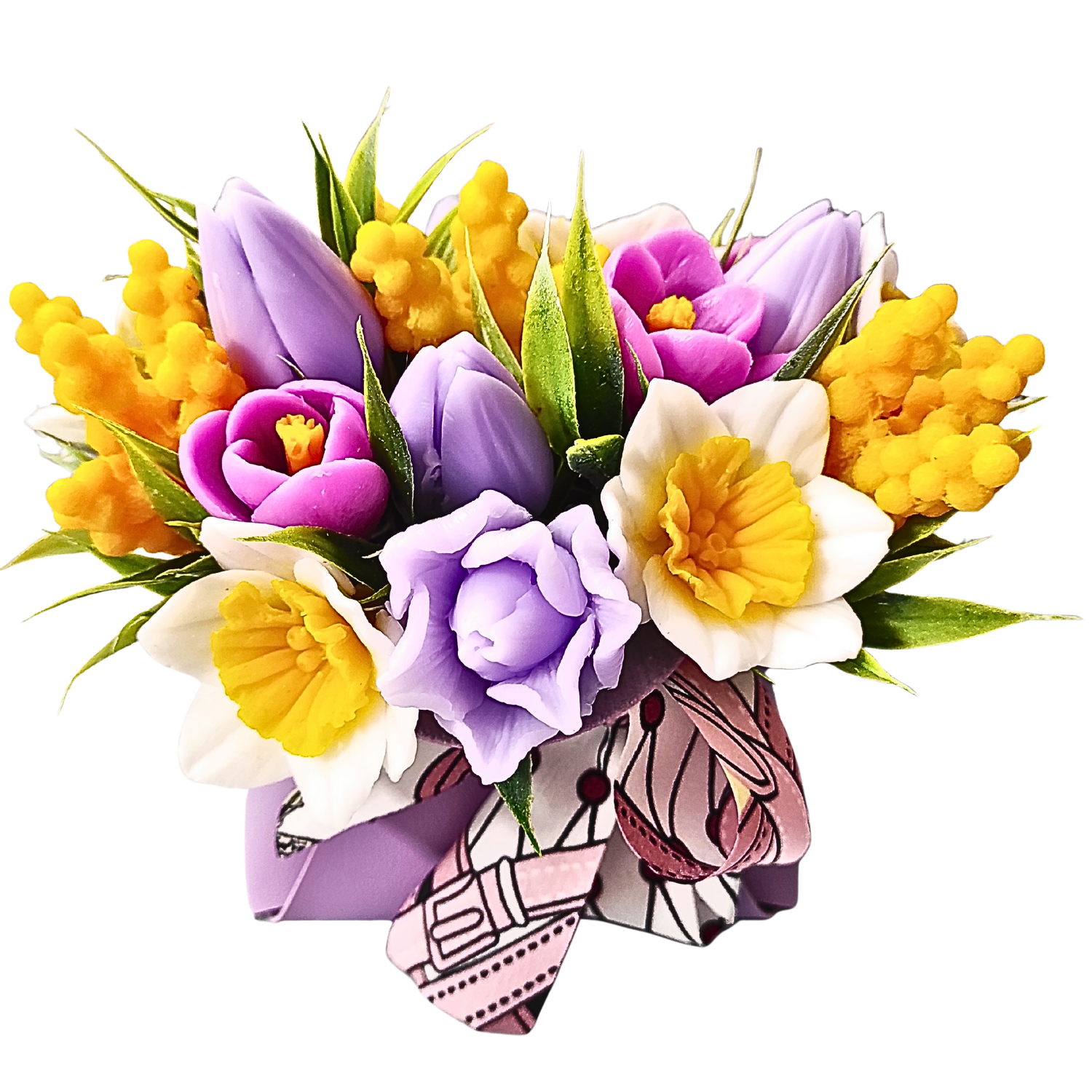 Букет цветов из мыла Bila Lileya Тюльпаны с нарциссами в сумке из экокожи (MB-00739)