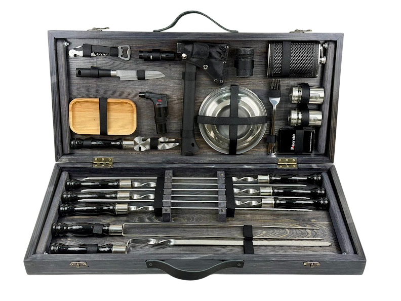 Набор шампуров и аксессуаров "Богатырь" из нержавеющей стали в деревянном кейсе-столе на 37 предметов Черный (14-10-KS-7514)