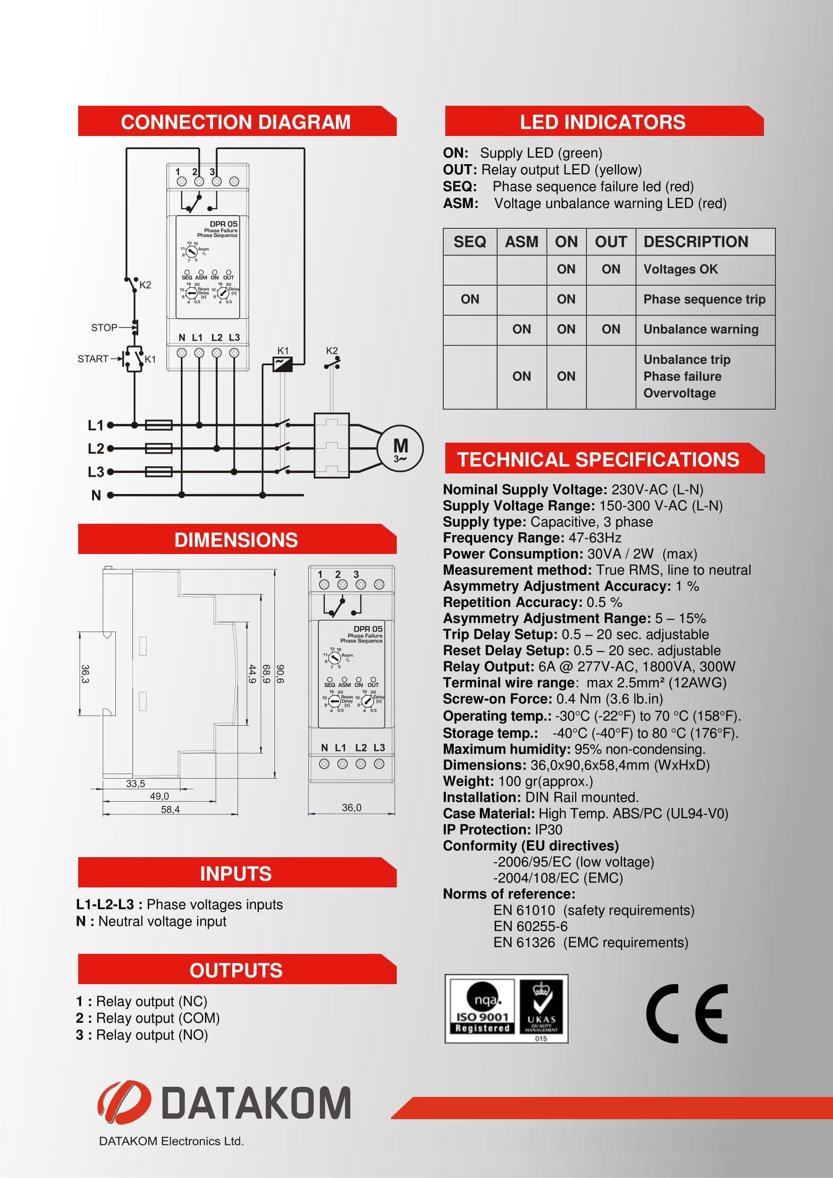 Контролер захисту від асиметрії напруги фаз DATAKOM DPR-05 150-300 В фаза-нейтраль - фото 4
