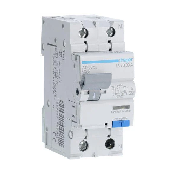 Выключатель автоматический дифференциальный Hager ADA975D 1P+N 6kA C-25A 30mA тип A (00000023940)