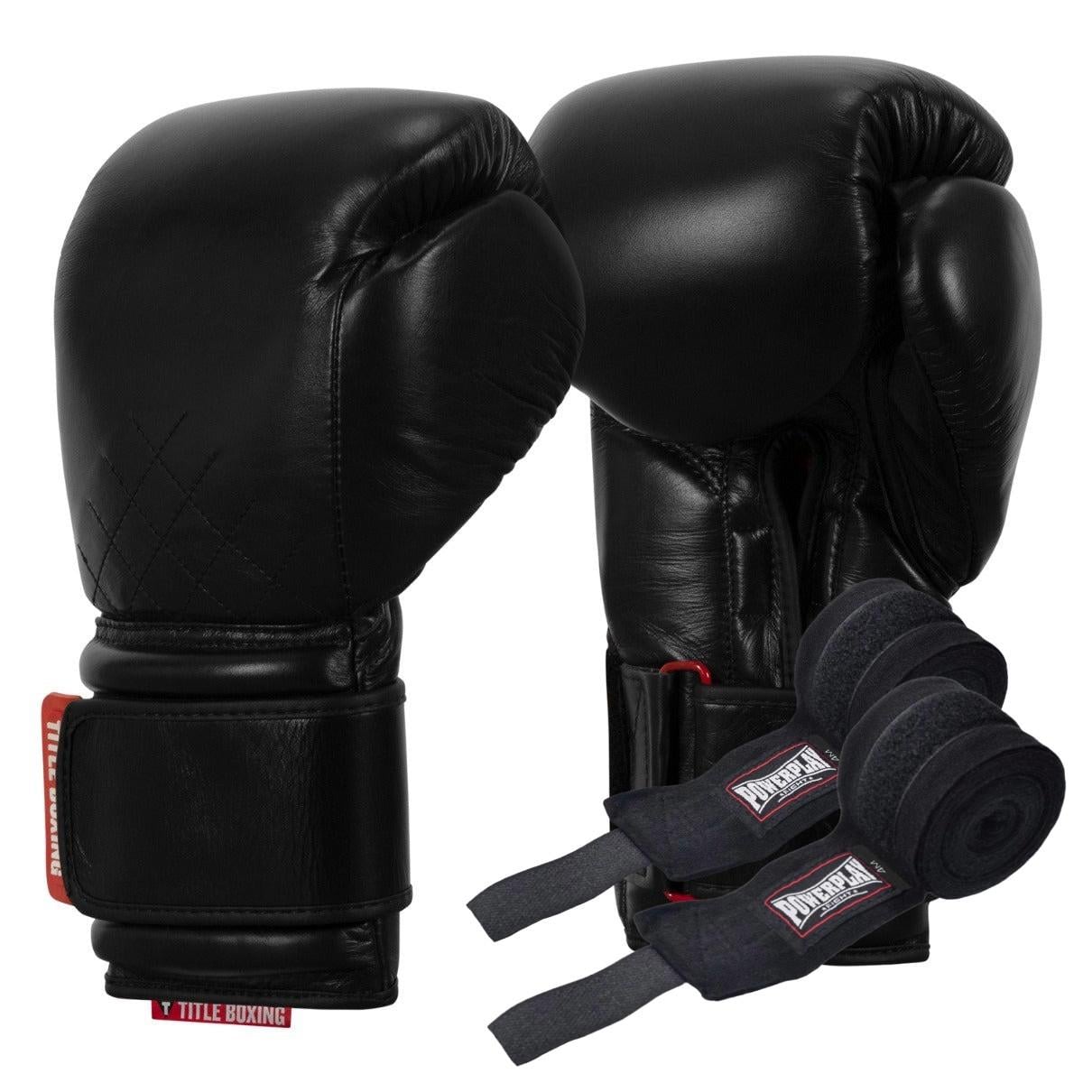 Боксерські рукавиці TITLE Boxing Ko-Vert 12 oz з бинтами 4 м Black