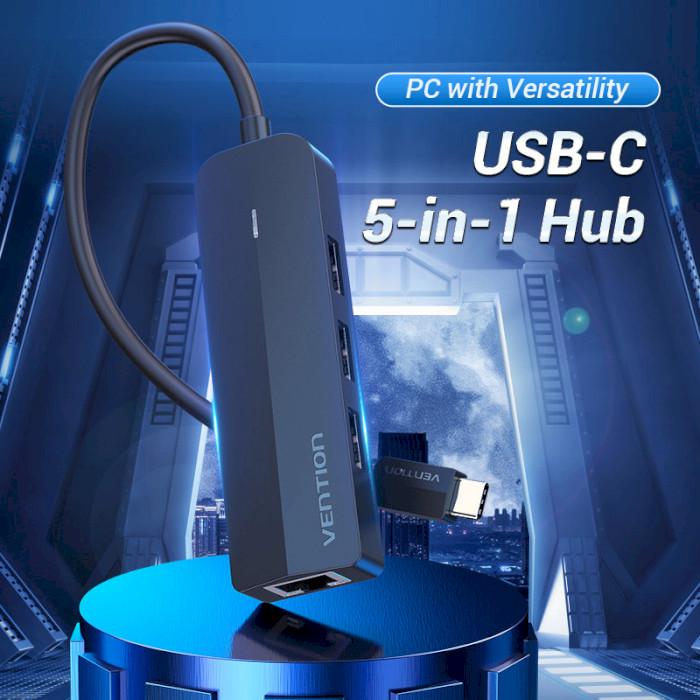 USB-хаб Vention USB-C to USB 3.0х3/RJ45/Micro-B HUB 0.15M Black ABS Type (TGPBB) - фото 2
