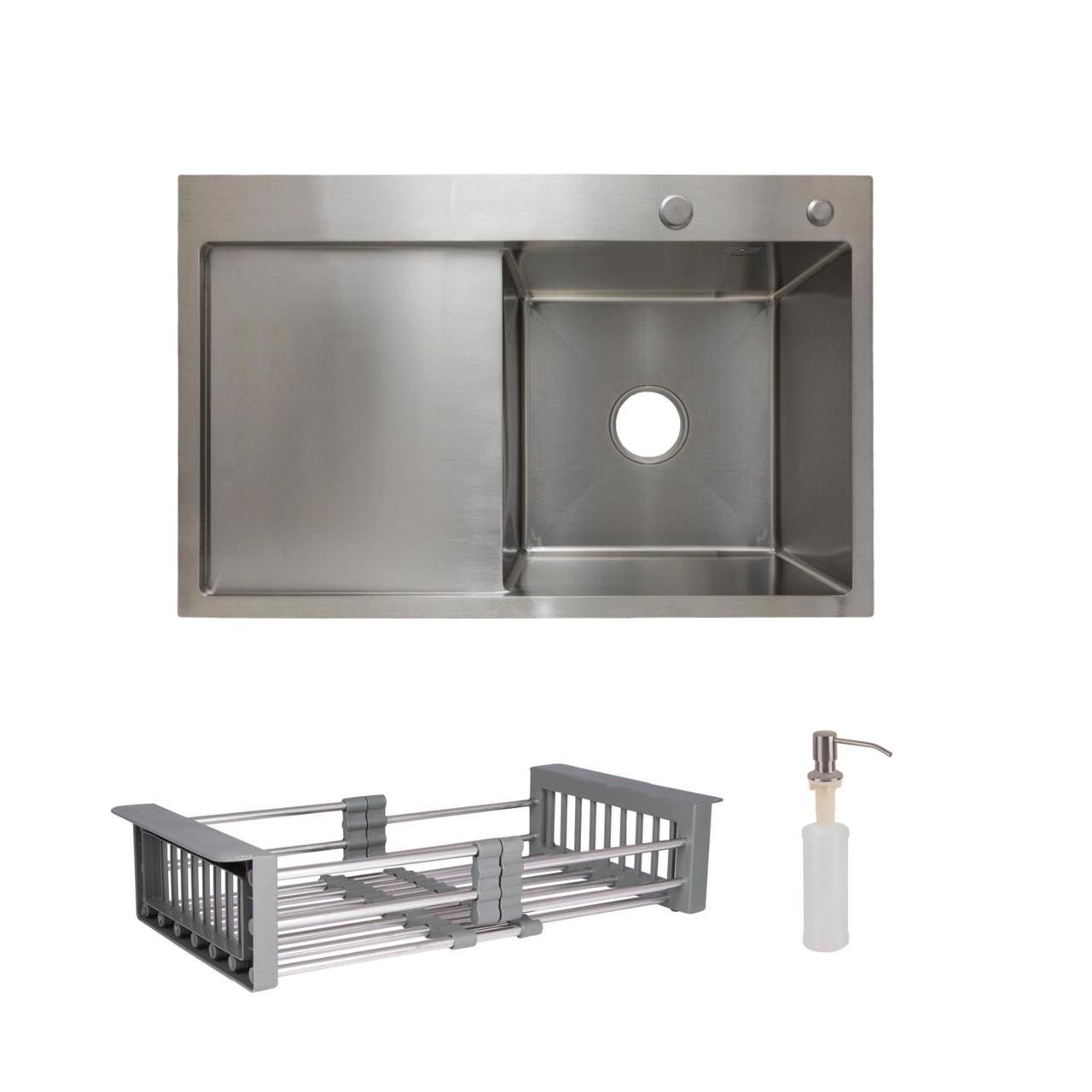 Комплект Lidz Handmade H7849L мийка для кухні інтегрована крило зліва Brushed з дозатором/Lidz K01G корзина (2553560848)